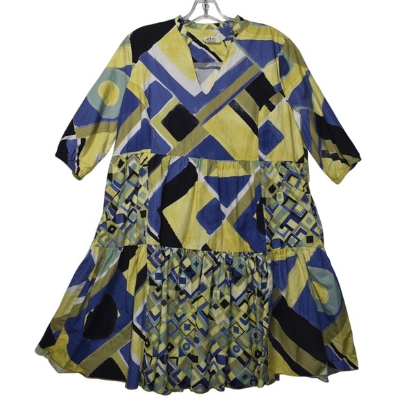 Etici Geometric Print Dress Tiered Short Sleeve Casual Made In Italy‎ - Picture 1 of 5